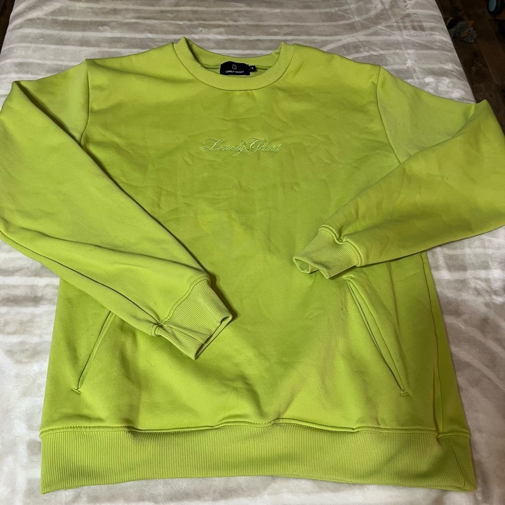 Lonely Ghost Men's small Neon Green Logo Fleece Lined Crew Sweatshirt